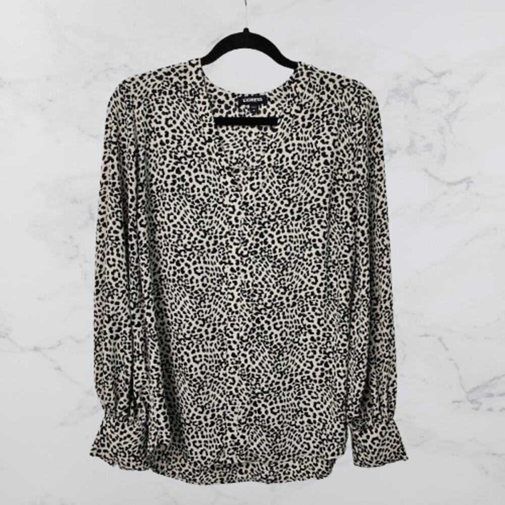 Express Leopard Print Long Sleeve Blouse - Black & Cream